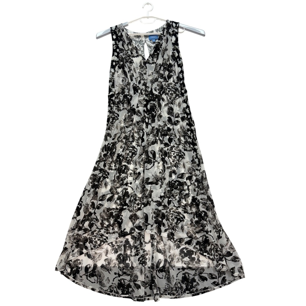Simply Vera Vera Wang High Low Dress Womens L Black White Floral Chiffon V-Neck - Picture 2 of 9